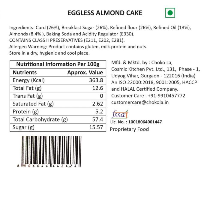 Eggless Almond Teacake 500 Gms
