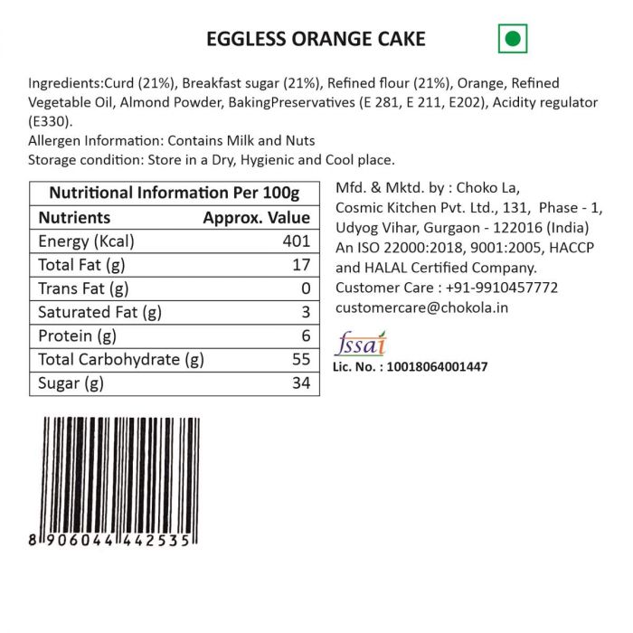 Eggless Orange Teacake - 300 Gms