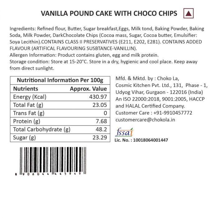 Vanilla Pound Cake With Choco Chips 500 Gms